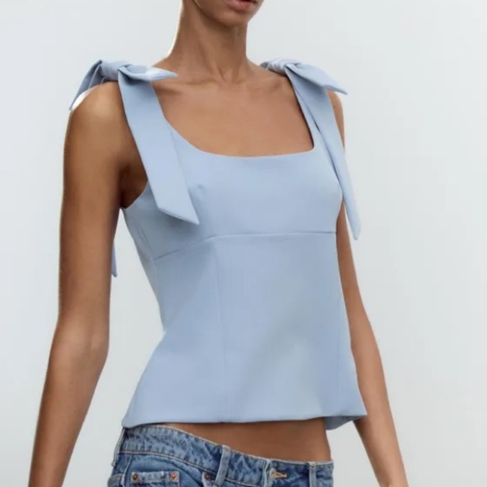 Zara Light Blue Tie-Shoulder Square Neck Tank Top